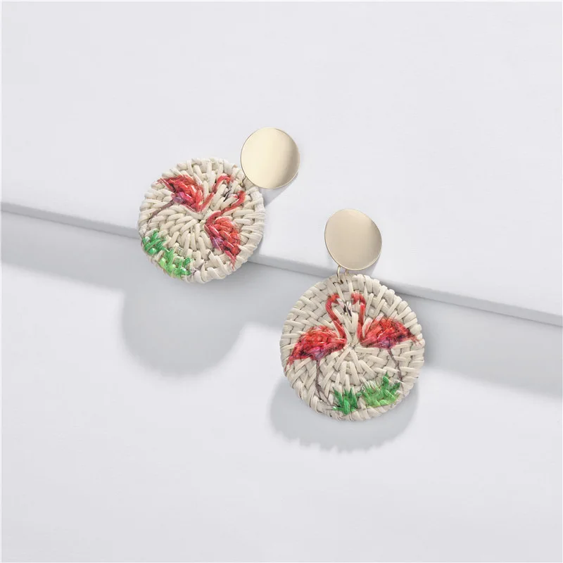 

2019 Women Boho Ethnic Custom Bamboo Statement Earrings Handmade Rattan Knit Jewelry Flamingo Earrings, As pic