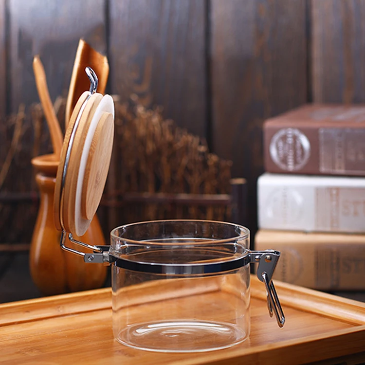 550ml Wooden Top Clear Glass Spice Storage Jar With Metal Clip Lid