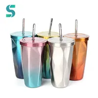 

Irregular Diamond Double Wall Drinking Cups Coffee Mugs 16oz Stainless Steel Tumbler with Straw