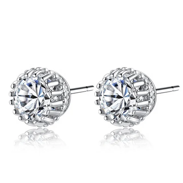 

Round Crown Stud Earrings For Women Luxury Top Clear Cubic Zirconia Paved Silver Color Brincos Wedding Earring Jewelry