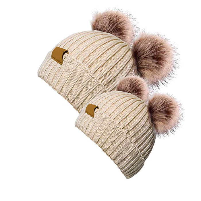 Warm Winter 2 Pom Pom Beanie Custom Beanie Hat Kids Double Pompom ...