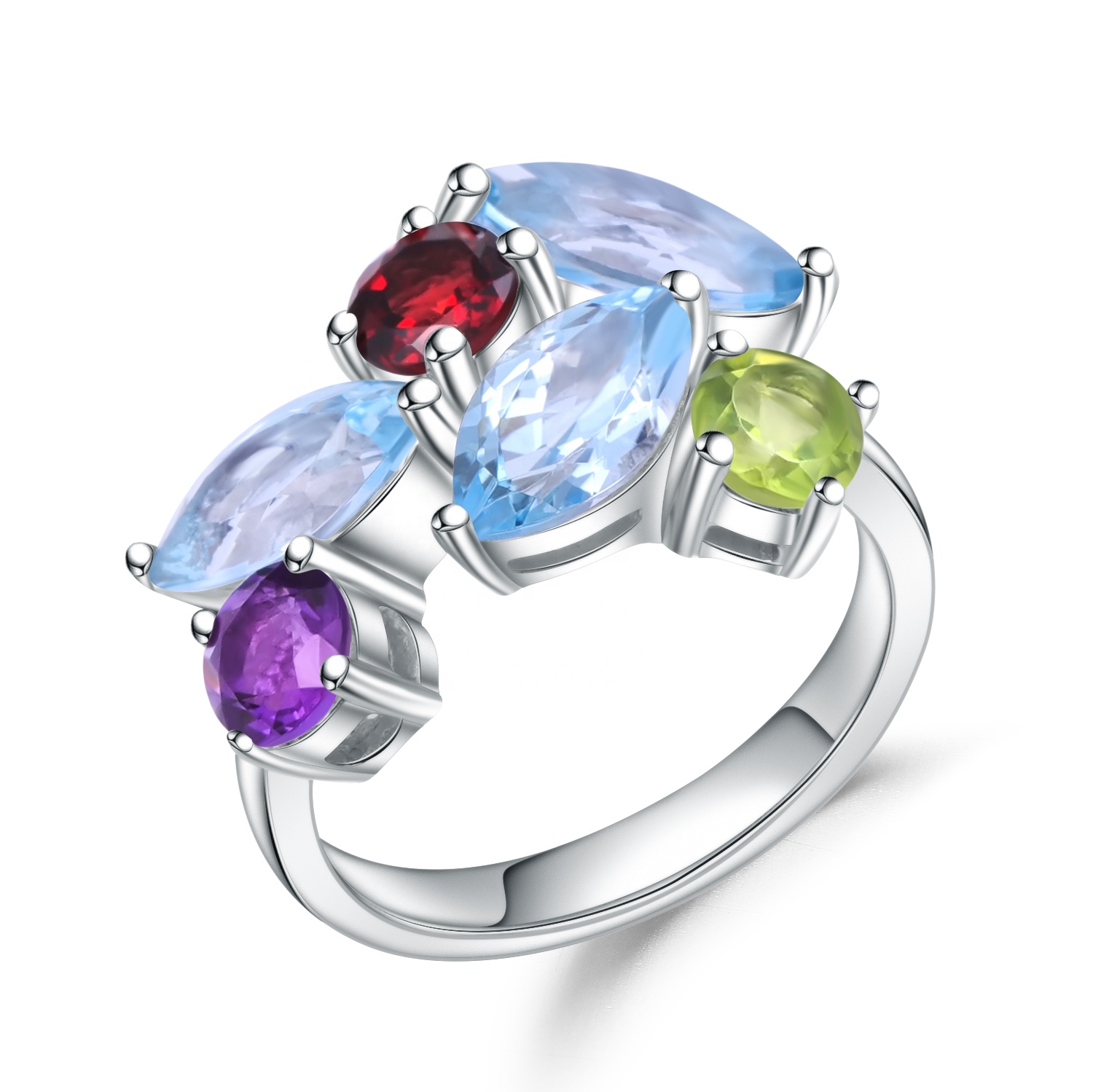 

Abiding natural blue topaz mix gemstone diamond fashion 925 sterling silver ring jewelry for women, Colorful