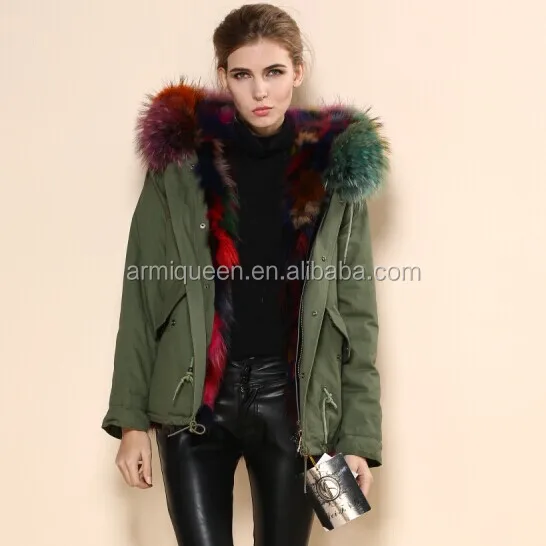 

2017 Factory Winter Ladies Short Style Colorful Lining Coat, Womens Fox Fur Parka With Raccoon Fur Hooded Wholesale, Colorful;army green