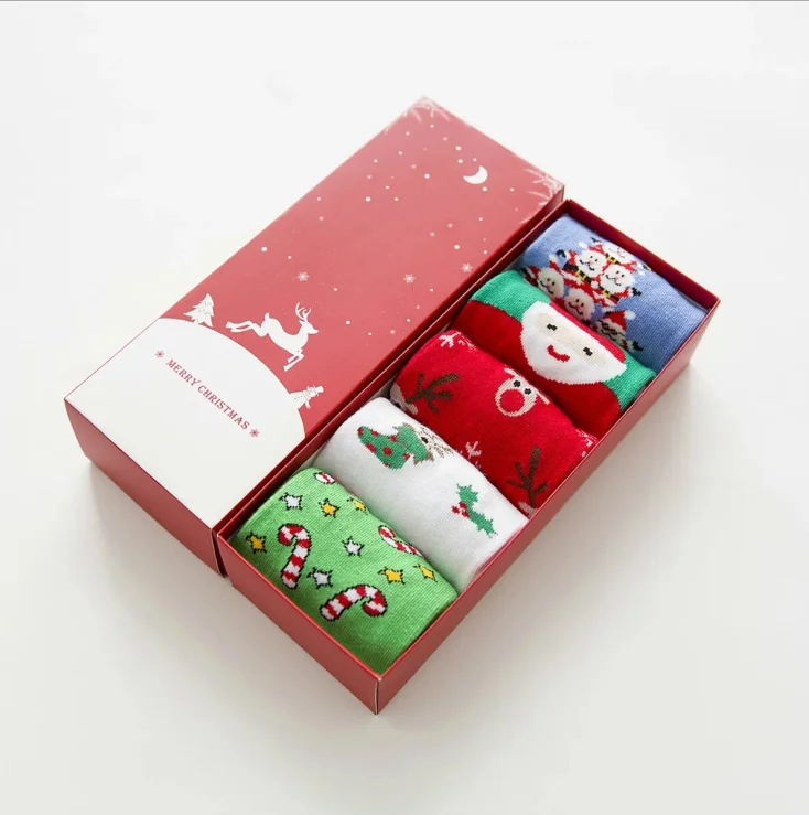 
Gift custom packing wholesale 5 pairs in gift box women mens winter santa merry christmas socks 