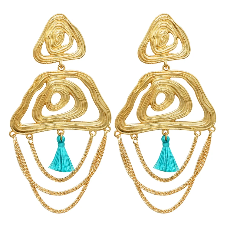 

India New Filigree Filigree hammered textured wide chain tassel Dangle saudi arabia gold earrings, Pink