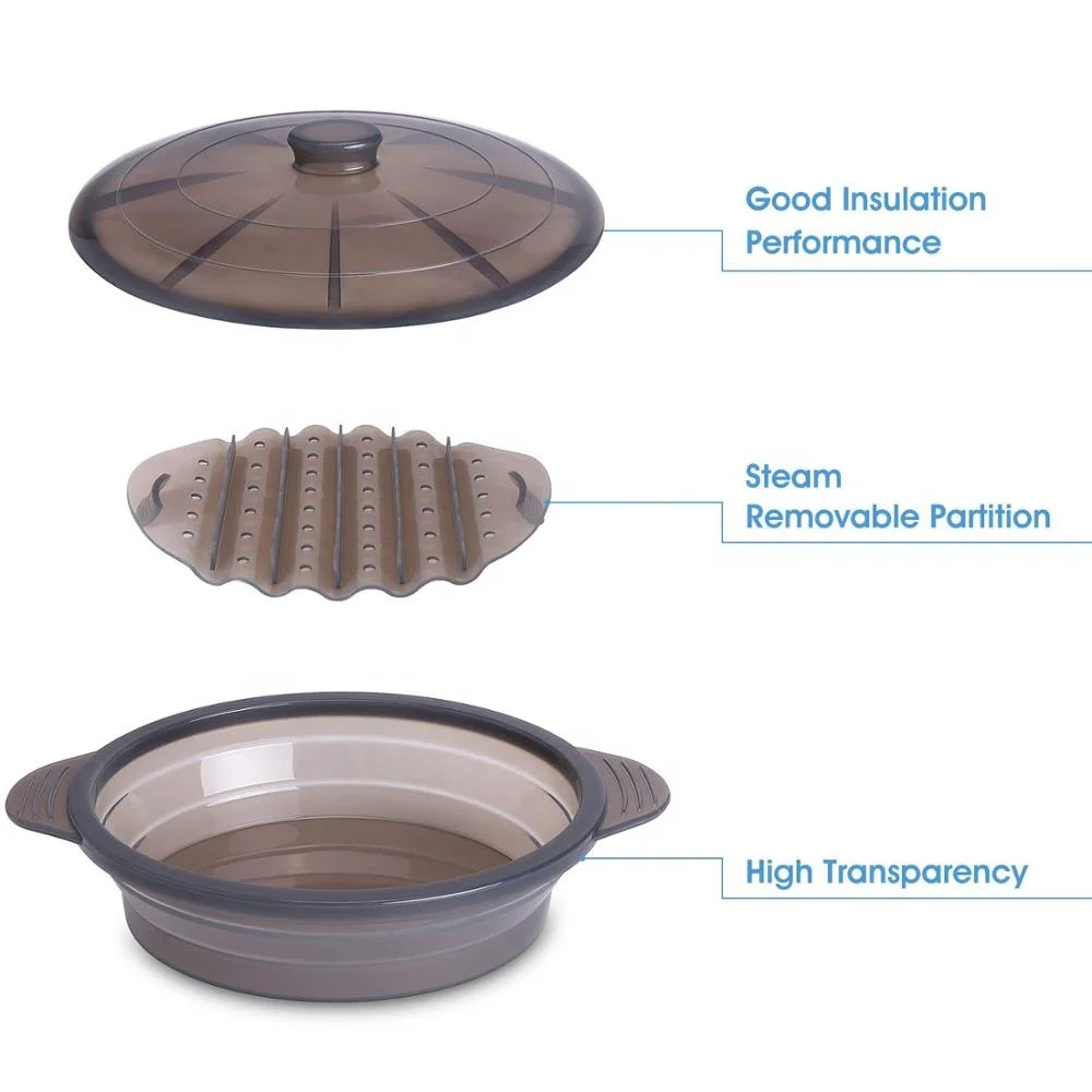 Microwave Steamer Collapsible Silicone Bowl-Silicone Steamer with Handle & Lid, Collapsible Design with Detachable Partition
