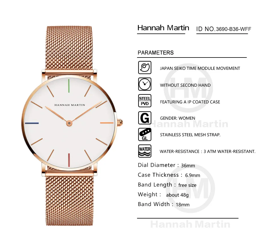 Hannah Martin Ch36 w High Quality Women Watch Stainless Steel Mesh 