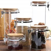 

Clear Borosilicate Glass Food Storage Jar Canister Container with Airtight Locking Clamp Bamboo Lid