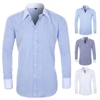 

Gentle Mens French Cuff Dress Shirt 2019 Fashion Men Long Sleeve Solid Color Striped Style Cufflink shirts