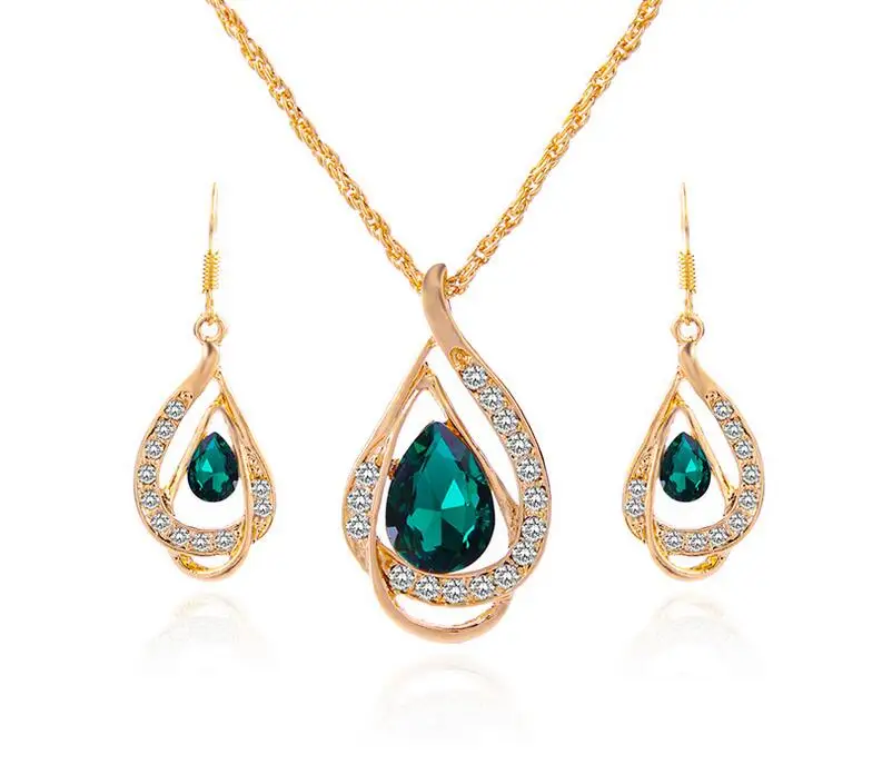 

Queena European Double Water Drop 3 Colors New Fashion Gold Necklace Earring Jewelry Sets, Blue,green,silver