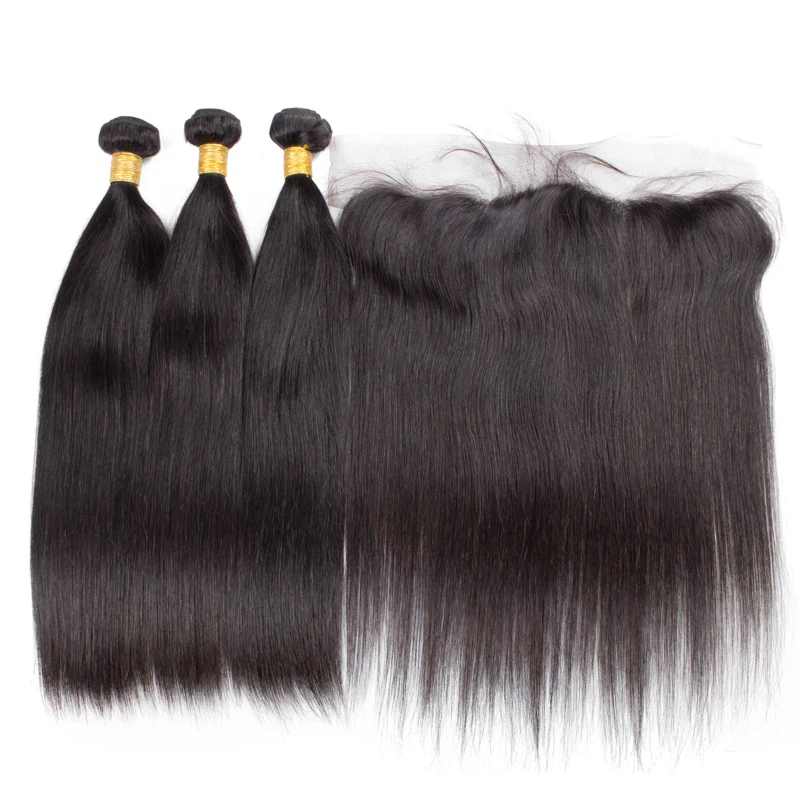 

Human Hair Bundles With Frontal Closure 13x4 Pre Plucked Straight Brazilian Hair Weave Bundles 3PCS Remy Hair Extension