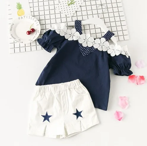 

2021 Summer new casual fashion sweet solid color strapless T-shirt + five-pointed star shorts flower collar girl suit, Pink, white