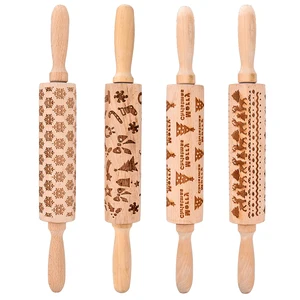 Image of Christmas Wooden Rolling Pins Engraved Embossing Rolling Pin with Christmas Symbols for Baking Embossed Cookies