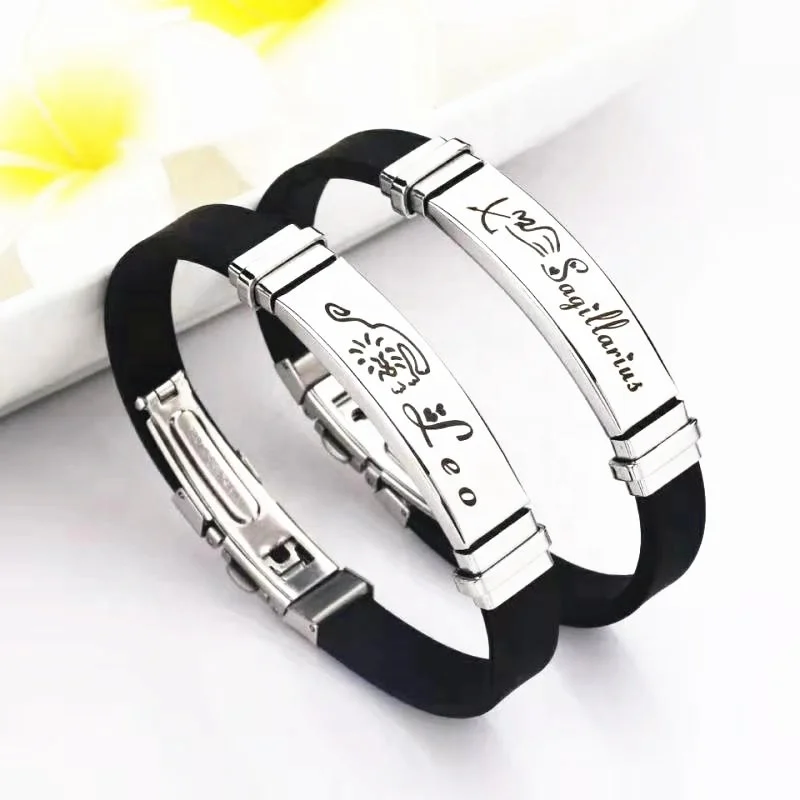 

Fashion 12 Constellations Signs Engraved Leather Zodiac Bracelets with stainless buckle