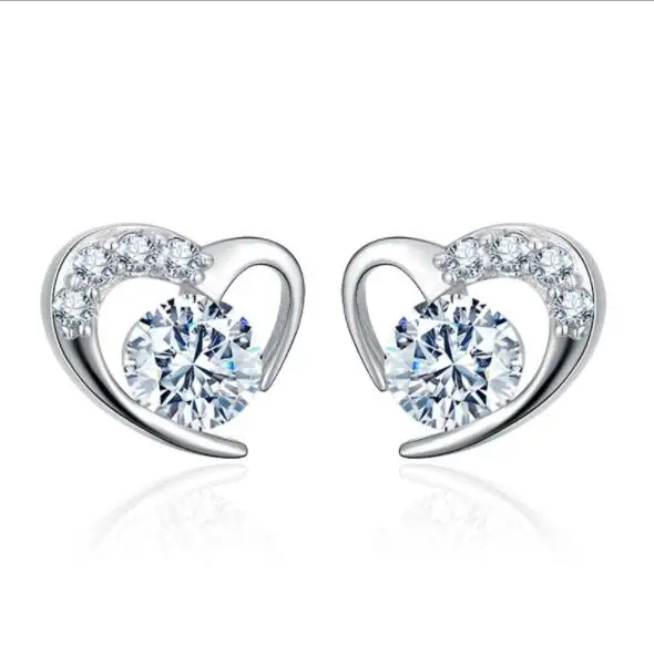 

ELBLUVF Free Shipping Women 925 Sterling Silver Plated Alloy Copper CZ Stone Love Heart Earrings, White gold