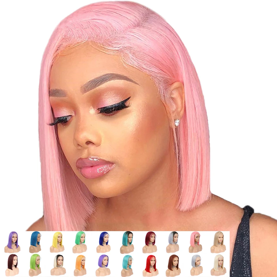

Top Quality Pink Short Bob Wigs 100% Human Hair Pre Plucked Lace Front Wig With Baby Hair Vendors, 613 honey blonde purple green yellow any color