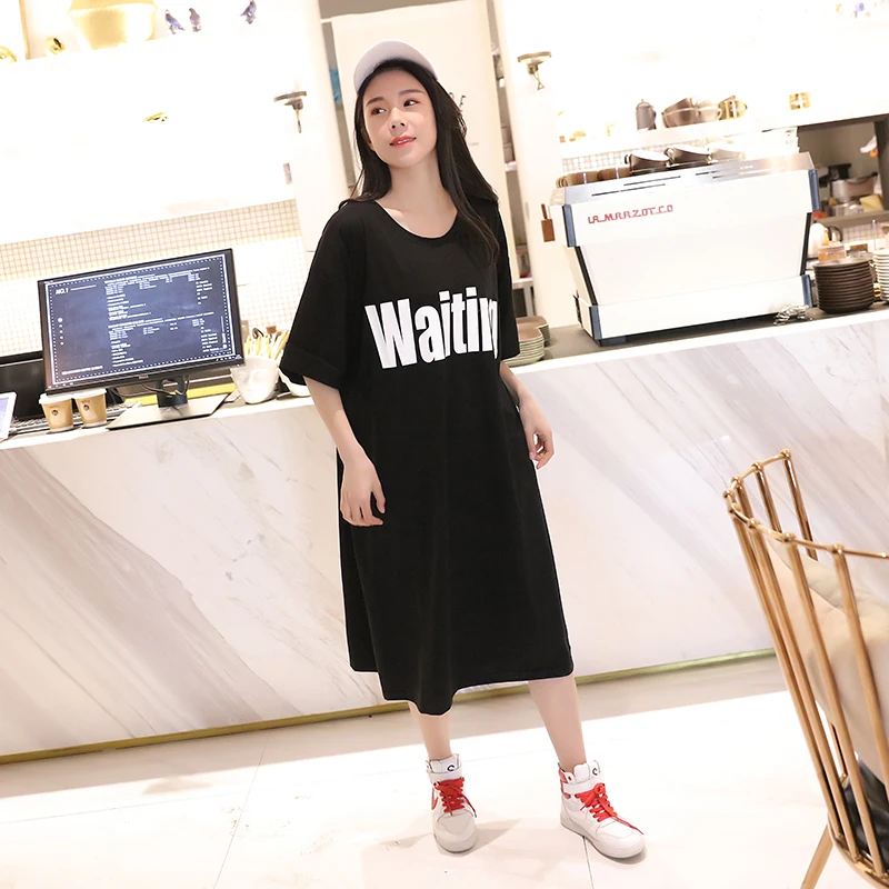 

New Arrival Girls Summer Round Neck Short Sleeve Nightdress Plus Size Cotton Loose Home Women Tshirt Dresses, Gray white pink black