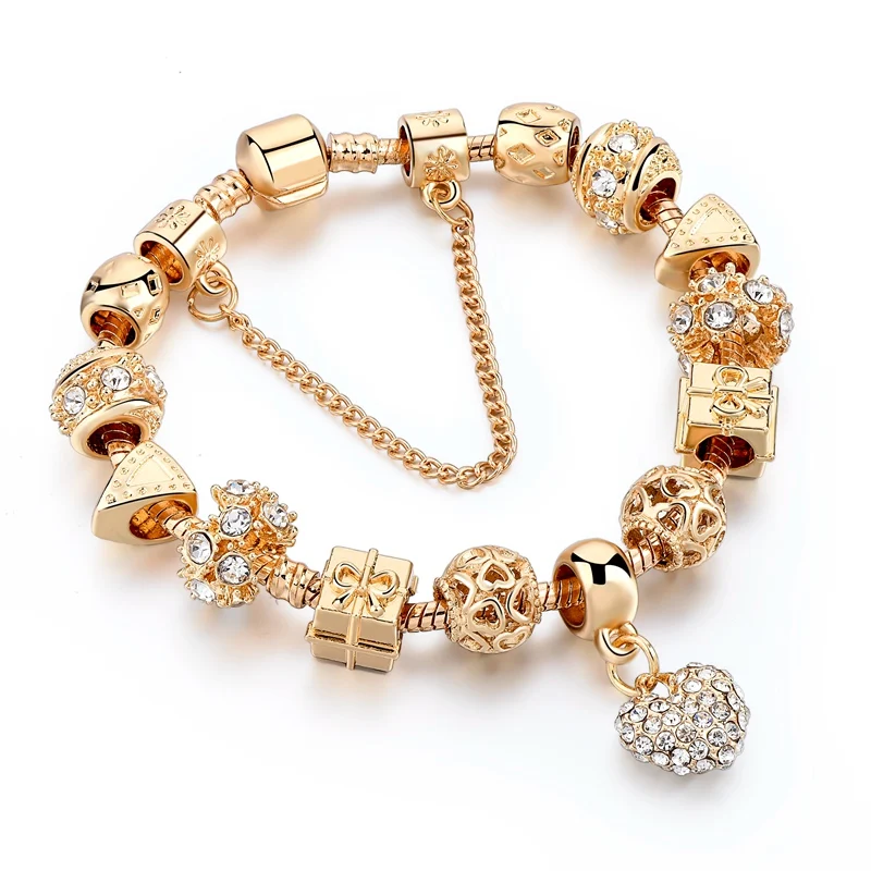 

Customized Gold Plating Murano Glass Beads Bracelets With Rhinestone Heart Pendant, Gold Plating Glass Beads Bangles, As the picture