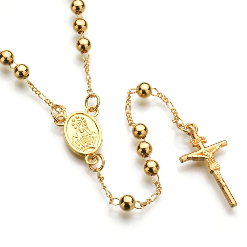 

Hiphop Fashion Gold Silver Plated Jesus Piece Cross Rosary Chunky Beaded Pendant Necklace, Gold or silver