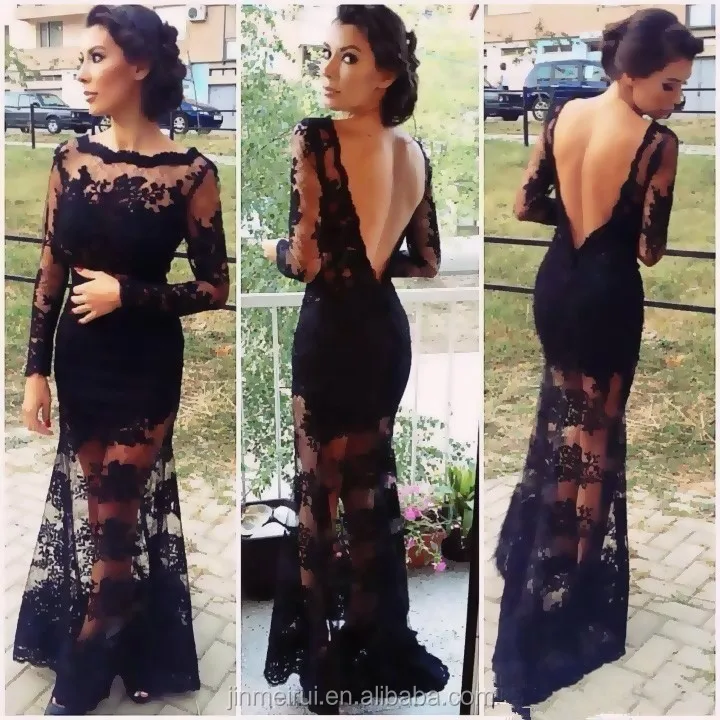 

Black See Through Lace Long Sleeve Transparent Formal Kim Kardashian Evening Dresses Boat Neck Nude Back Lace Celebrity Dresses