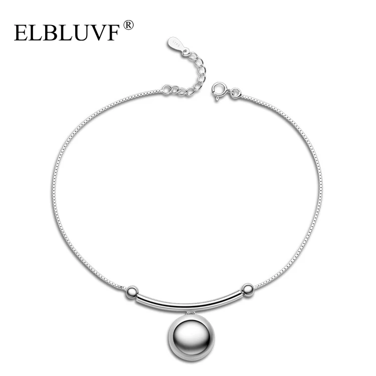 

ELBLUVF Free Shipping Women Jewelry 925 Sterling Silver Simple Round Ball Bead Chain Bangle Anklet