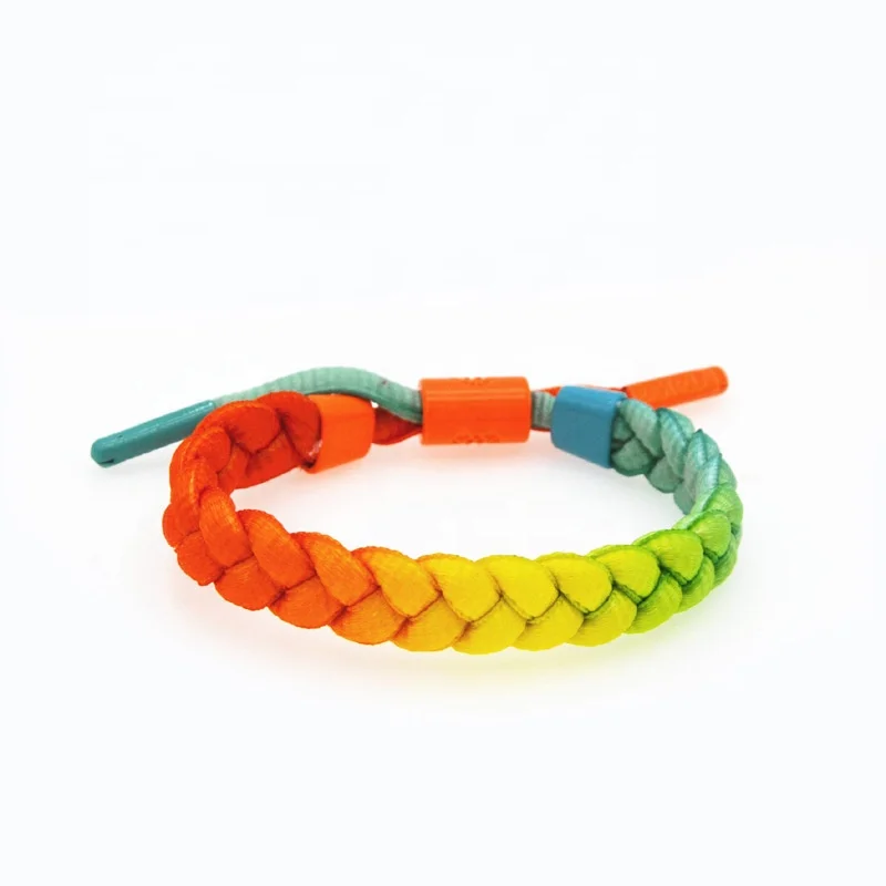 

Adjustable Length Hand-woven Brilliant Gradual Colored Lion Pattern Metal Button Fabric Ribbon Shoelace Bracelet