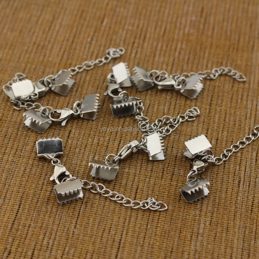 

S866 Wholesale stainless steel ribbon end cap crimp beads,Band Clips Fasteners Clasp,crimp sets for Flat Leather Cord