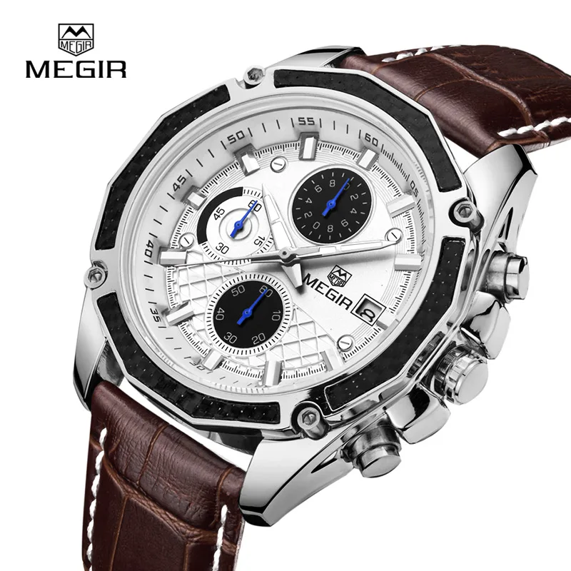 

MEGIR 2015 Men Quartz Watch Leather Strap Analog Chronograph Calendar Wrist Watch Military Sport Men Wristwatch, 2 colors to choose