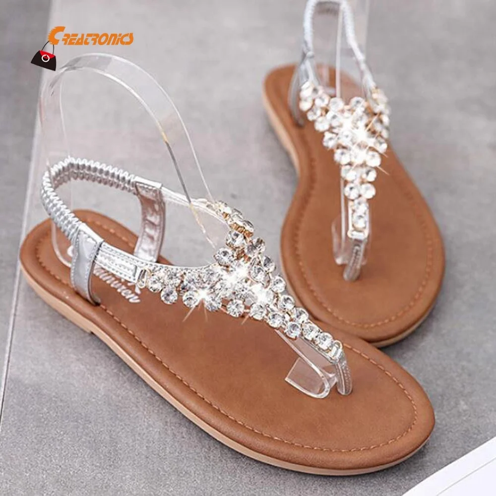 

Flat Sandals Latest Ladies Summer Sandals 2019 With Diamonds, Black,sliver