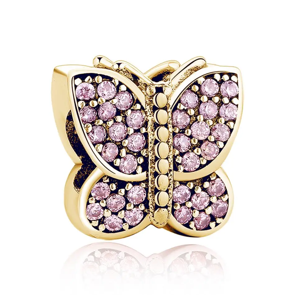 

Real 925 Sterling Silver 24k Bead Charms With Pink CZ Gold Color Butterfly Shaped Charms for Bracelet Making Jewelry