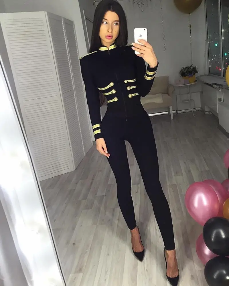 

England style Women Business Casual Blazer Suit Gold Button Latest Stylish Slim Fit spandex rayon bandage jacket for Women