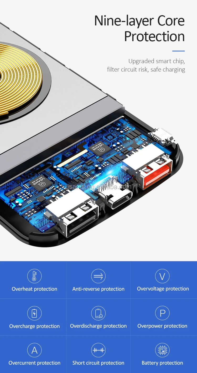 USAMS 2020 Portable External Battery Bank Built-in Qi Wireless Charger Power bank With Suction Cup 10000mAh - ANKUX.COM