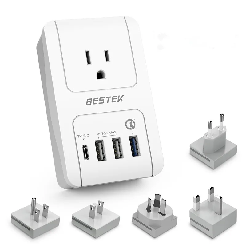 

Travel Adapter Kits by BESTEK - Dual 2.4A USB Ports +1QC 3.0+1 Type C Port +1 AC Outlet+UK, US, AU, Europe & Asia plug, N/a