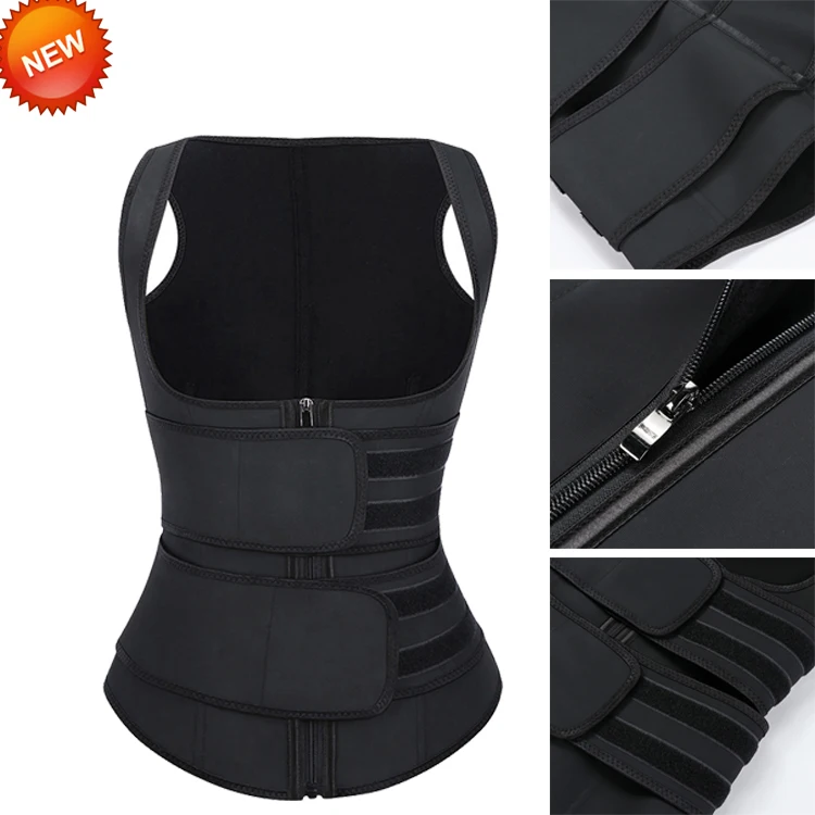 

2019 Latest Design Custom Logo Latex Double Belt Zipper Body Slimming Shapers Women Sweat Waist Trainer Vest, Grey women neoprene body shapers