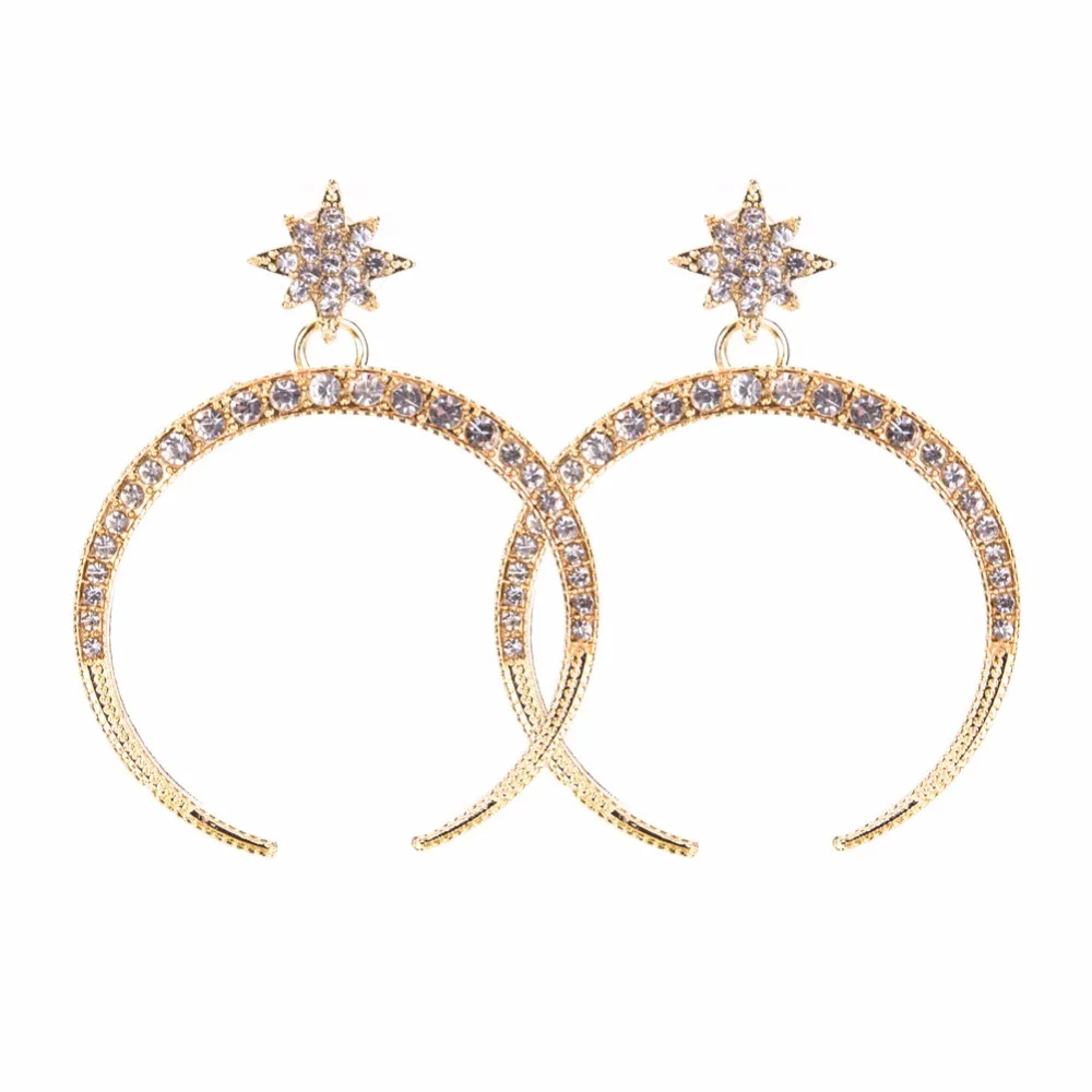 

Luxury Crystal Rhinestone Big Half Moon Statement Drop Earrings Fashion Zircon Star Moon Dangle Earrings For Women, Gold,silver
