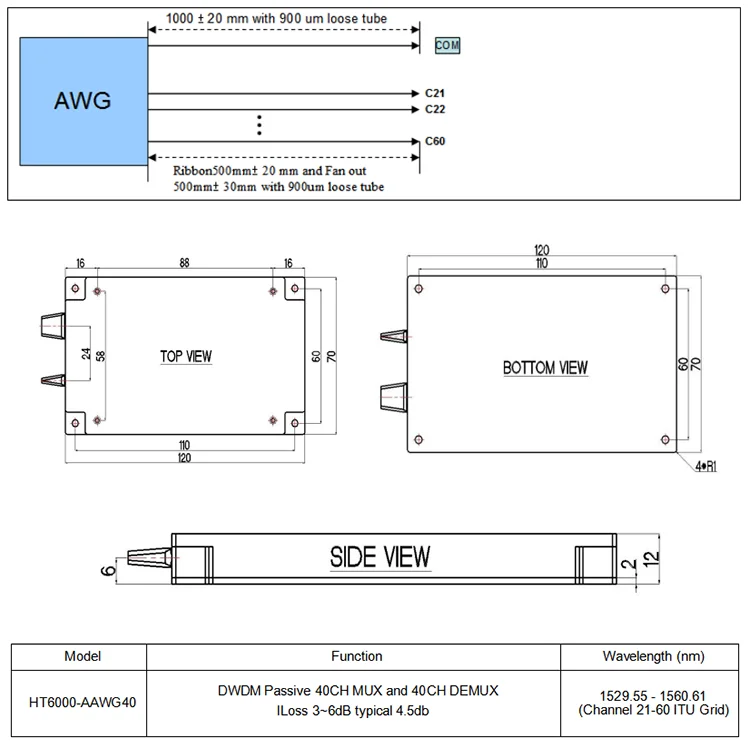 40CH 100GHz Flat-top Athermal AWG DWDM MUX DEMUX Module