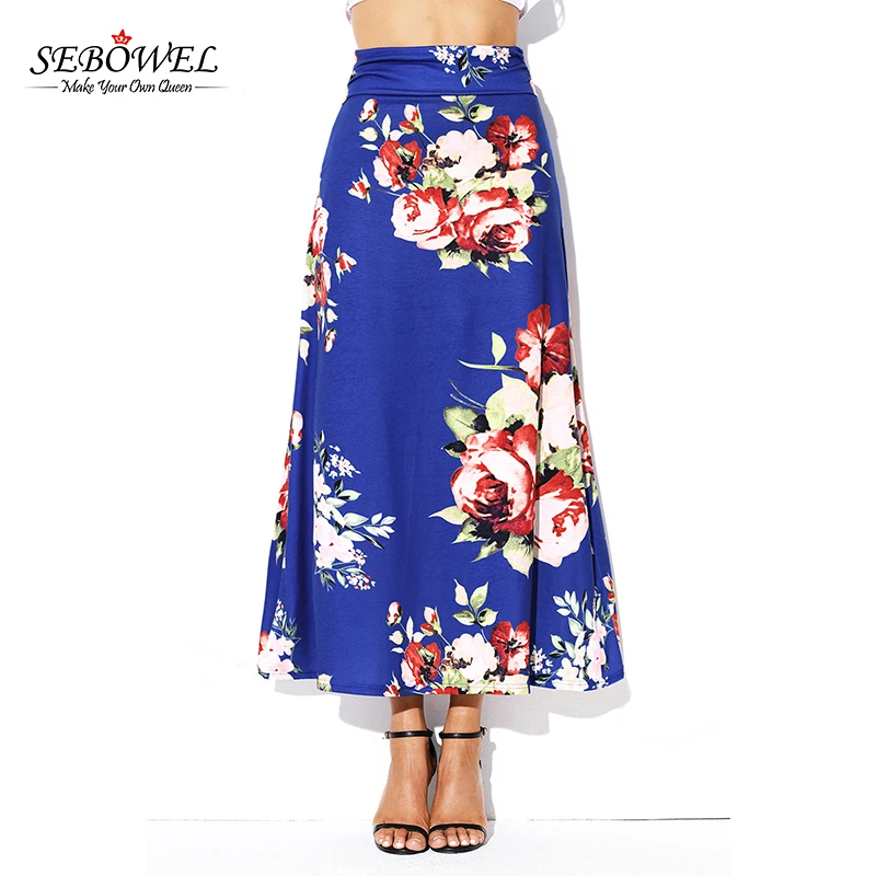 

Hot Sale Vibrant Floral Print Long Maxi Skirt, Navy orange blue