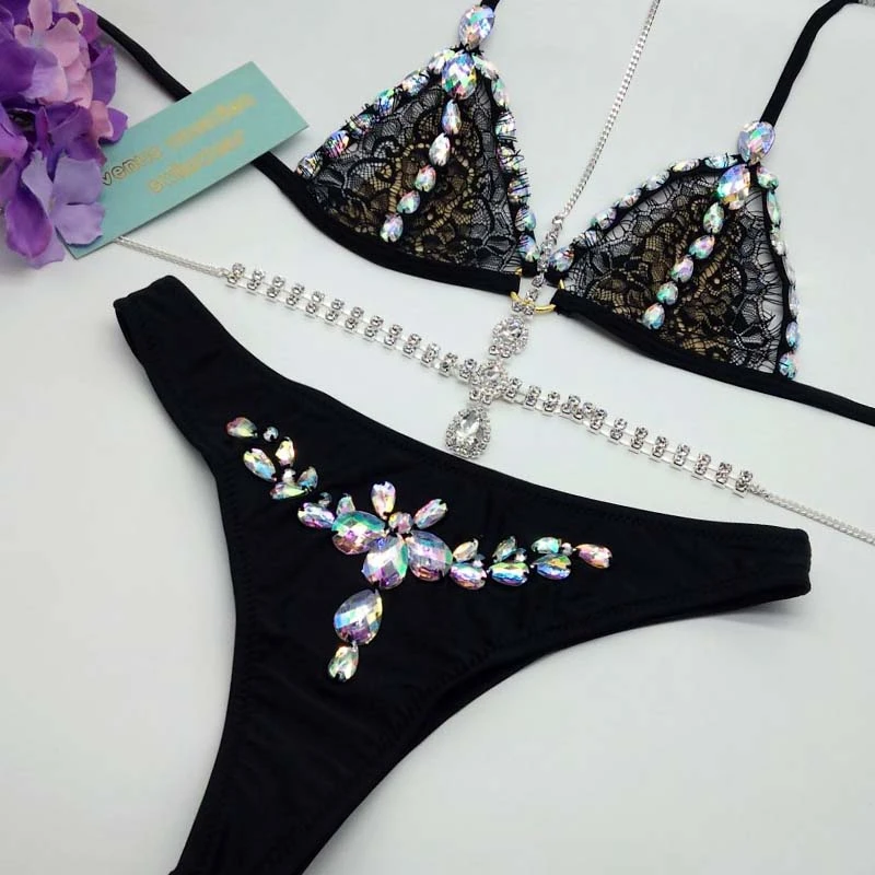 

Venus Vacation bikini 2018 new sexy lace bikini set diamond swimwear women bathing suit necklace bling stones biquini, As the buyer need