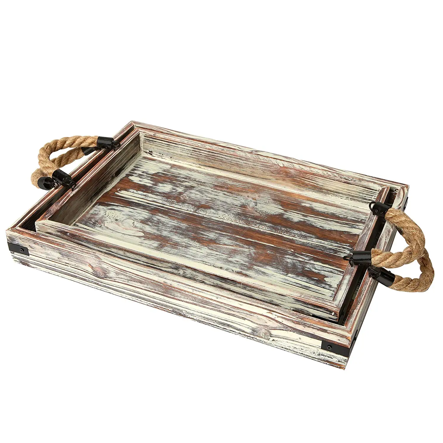 Country Rustic Wood Coffee Tray Set Of 2 With Rope Handles 