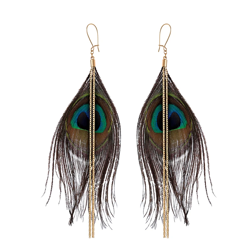 

ed00670c Long Boho Jewelry Peacock Feather Earing, Green