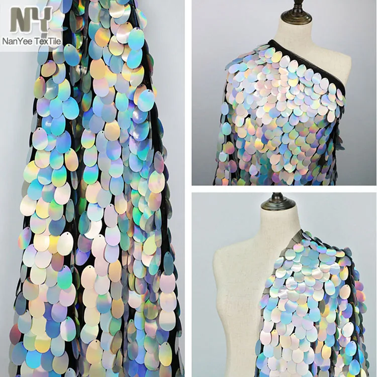 China Wholesale New Fashion Custom Big Silver Iridescent Sparkle Large Sequin Fabric