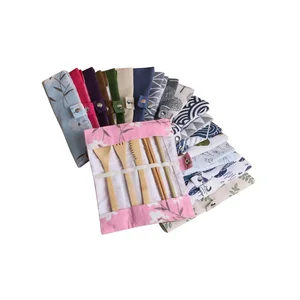 Image of camping reusable bamboo cutlery set travel spoon fork chopsticks and stainless metal straw flatware set in pouch