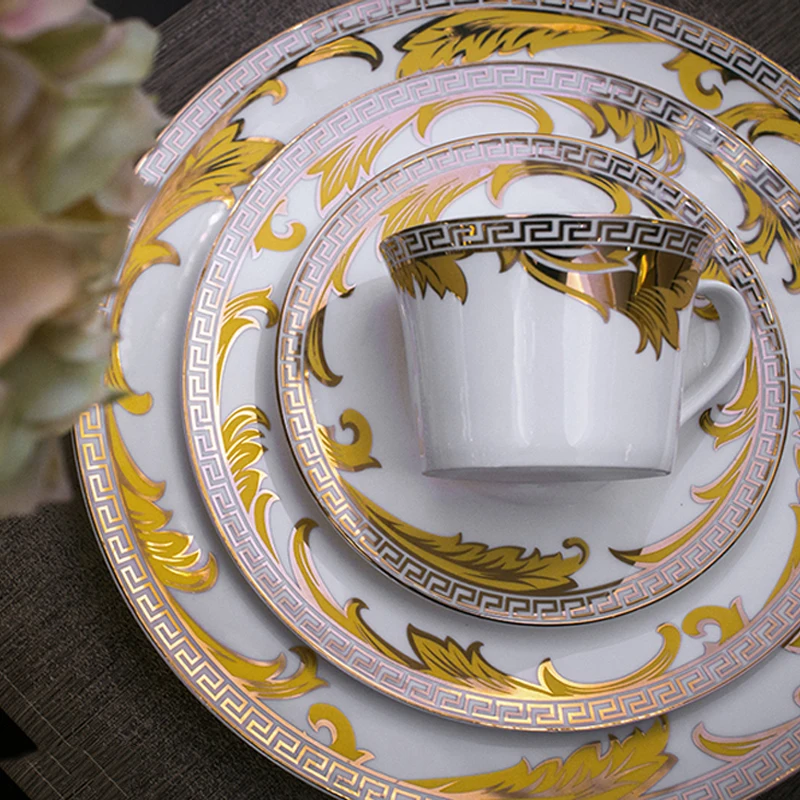 

Bone China Dinner Set Elegant Colors Crockery Tableware Sets Porcelain Dinner Set Gold Cup plates ceramic, Picture