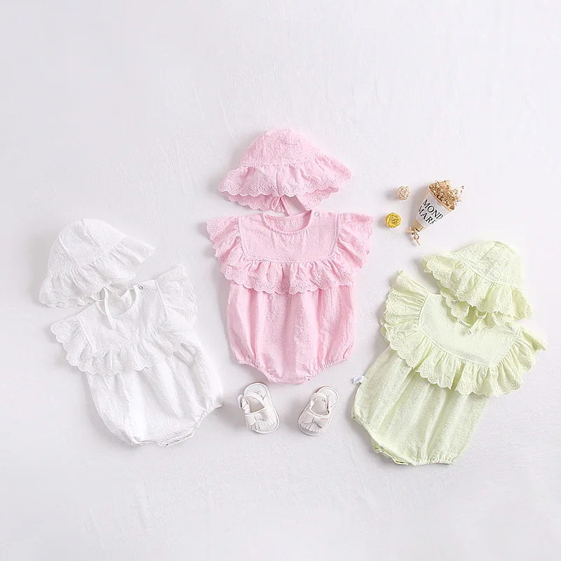 

Baby Romper Victorian Style Flared Sleeve Ruffle Infant Romper and Bonnet Set Vintage Baby Sitter Shorty Romper 2 Pcs Outfit, White pink