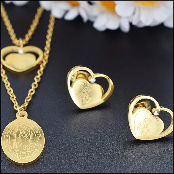 

American fashion cheap 24k gold plated Catholic heart shaped jewelry earrings women charm jewelry sets, 18k gold