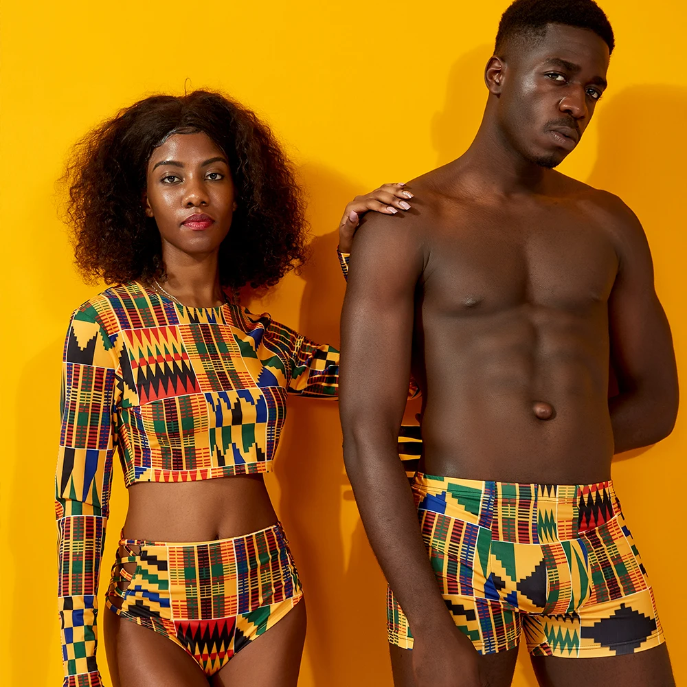

2021 New Custom African Print Swimwear Sexy Two Pieces Set Women Long Sleeve High Waist Swimsuit, Kente