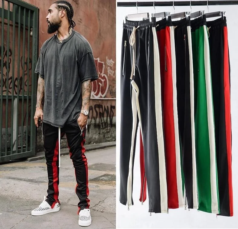 

Mens Side Single Stripe Track Pants Cotton Justin Bieber Hip-Hop Ankle Zipper Joggers Streetwear Retro Colorblock Loose Pant