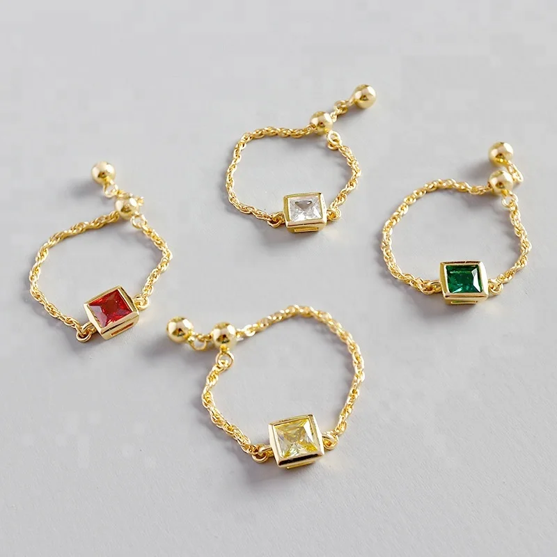 

100% S925 Sterling Silver Exquisite Square White Yellow Green Red Zircon Chain Adjustable Ring Female Silver Jewelry