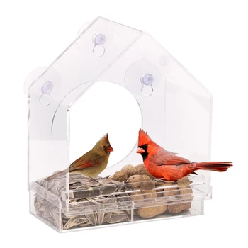 House Shape Nature Clear Acrylic Window Bird Feeder With Sliding