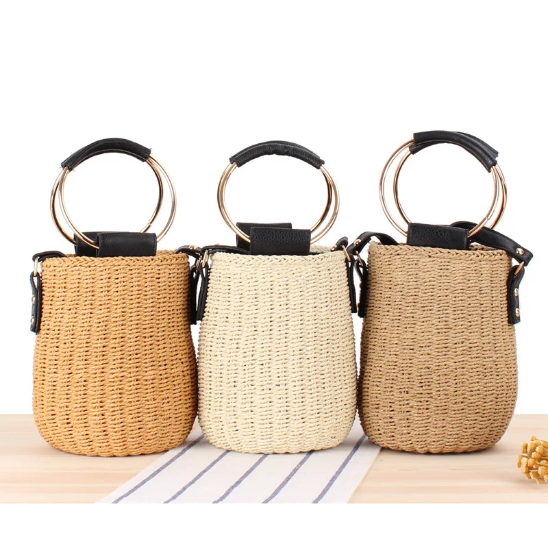 

Women Summer Round Ring Handle Straw Bags Handmade Woven Rattan Tote Handbags, Natural